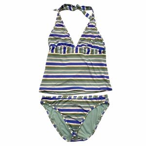 Green blue white striped halter tankini Title Nine by Carve Designs